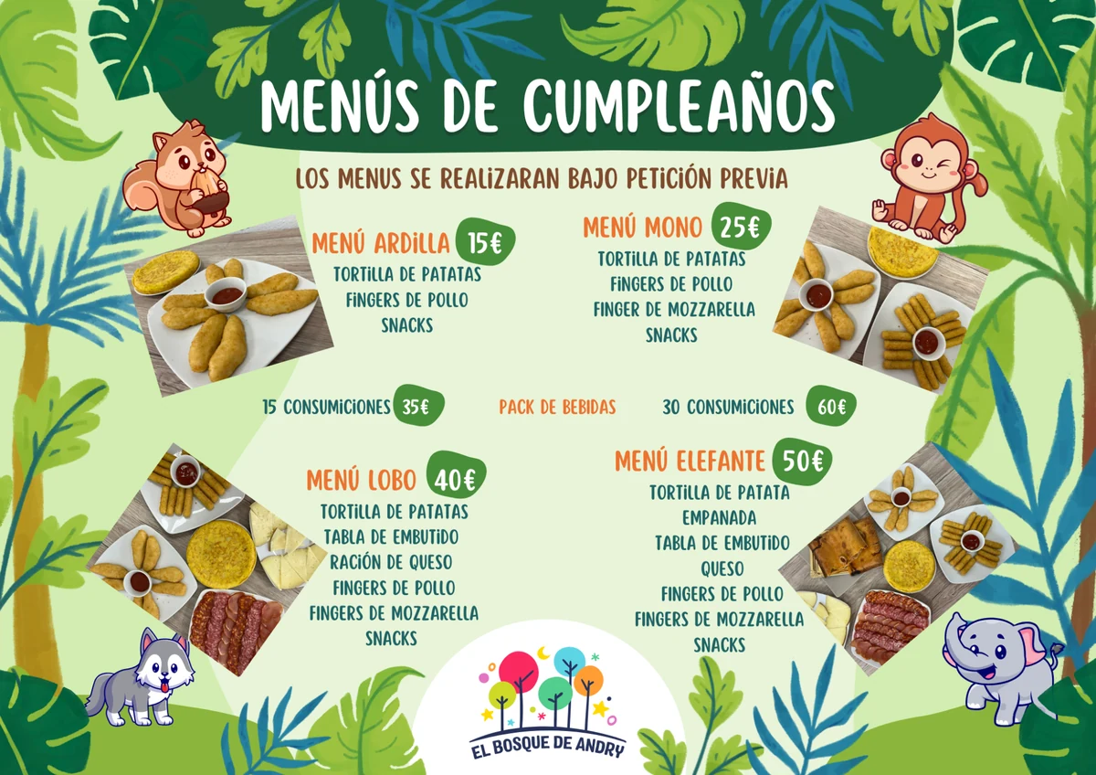 Menú para padres en cumpleaños infantiles de El Bosque de Andry