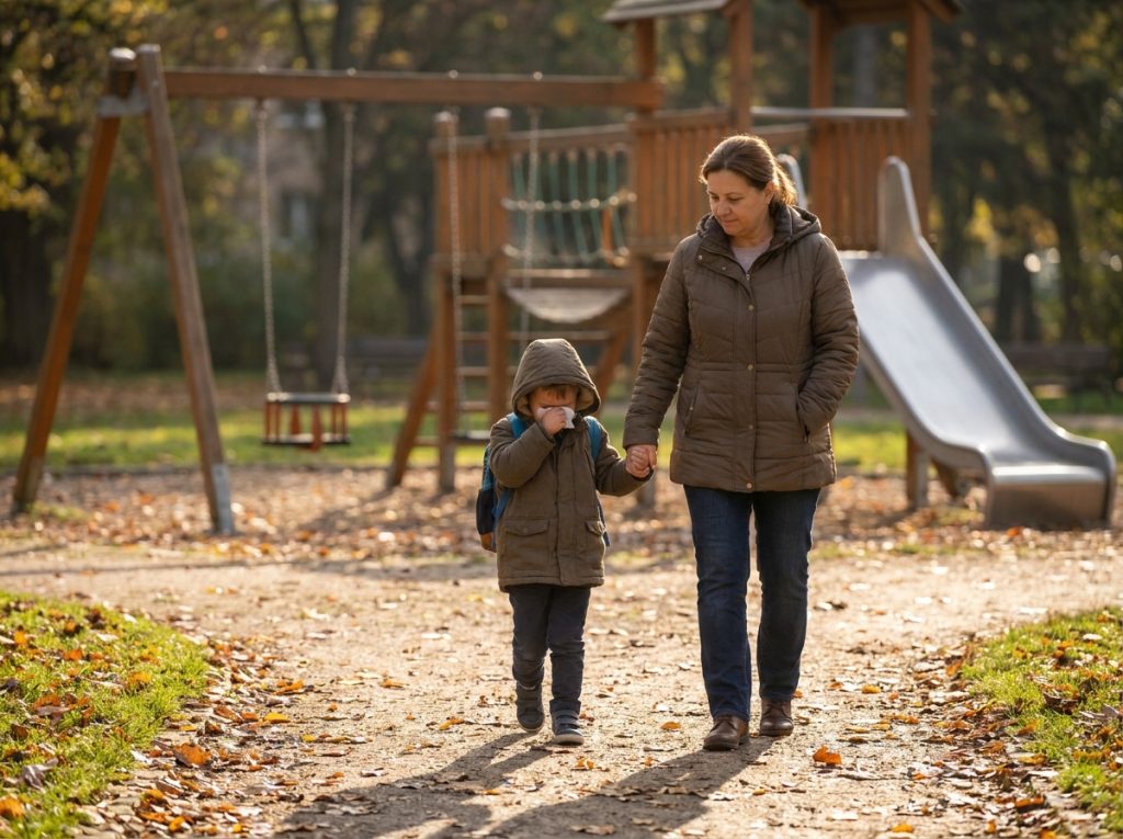 Adulto acompañando con calma a un niño enfadado al salir de un parque o zona de juegos.