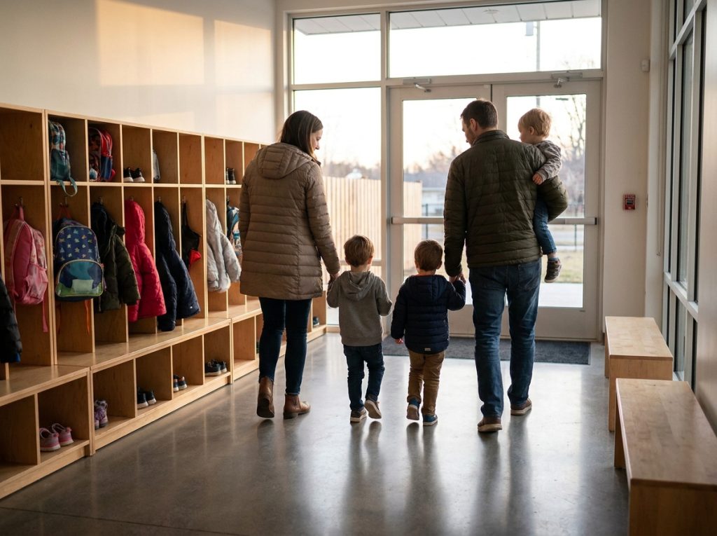 Familia saliendo de un espacio infantil interior de forma tranquila después de un plan de juego.