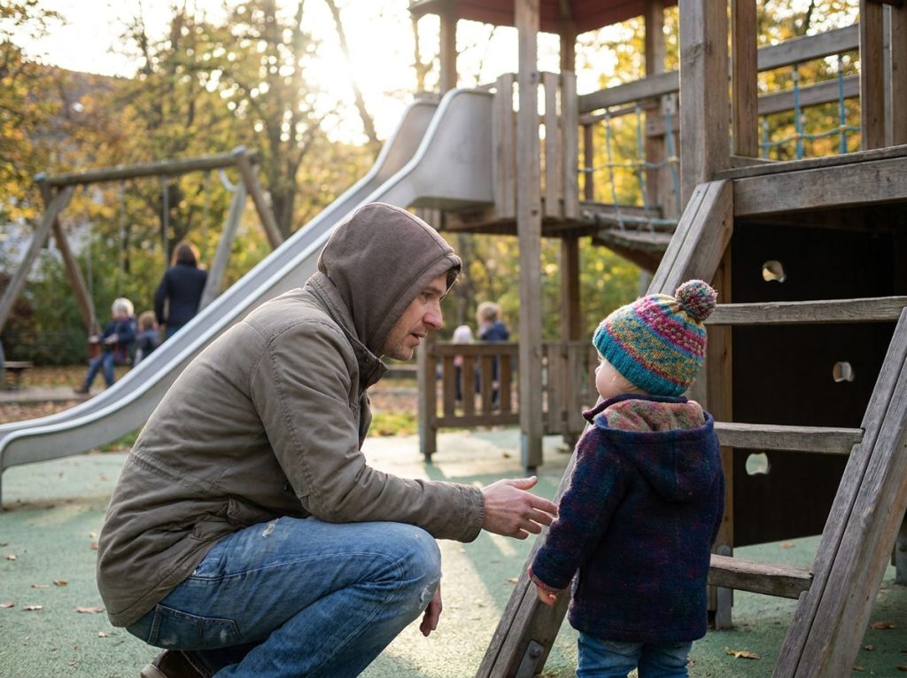 Adulto avisando a un niño de espaldas de que queda poco tiempo de juego en el parque.
