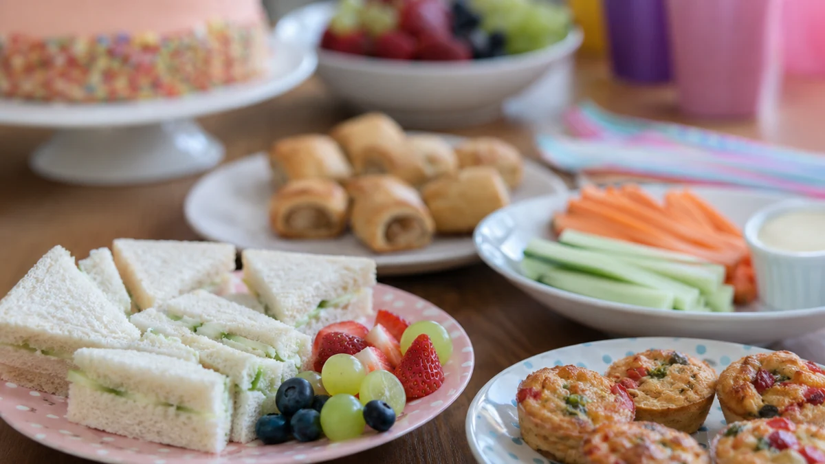Bandejas con mini sándwiches fruta y snacks suaves para niños