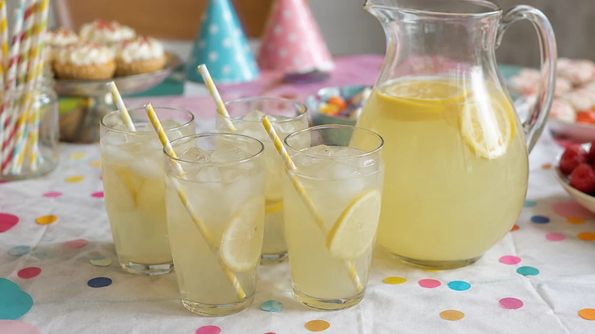 Vasos y jarra con bebidas sencillas para una fiesta infantil