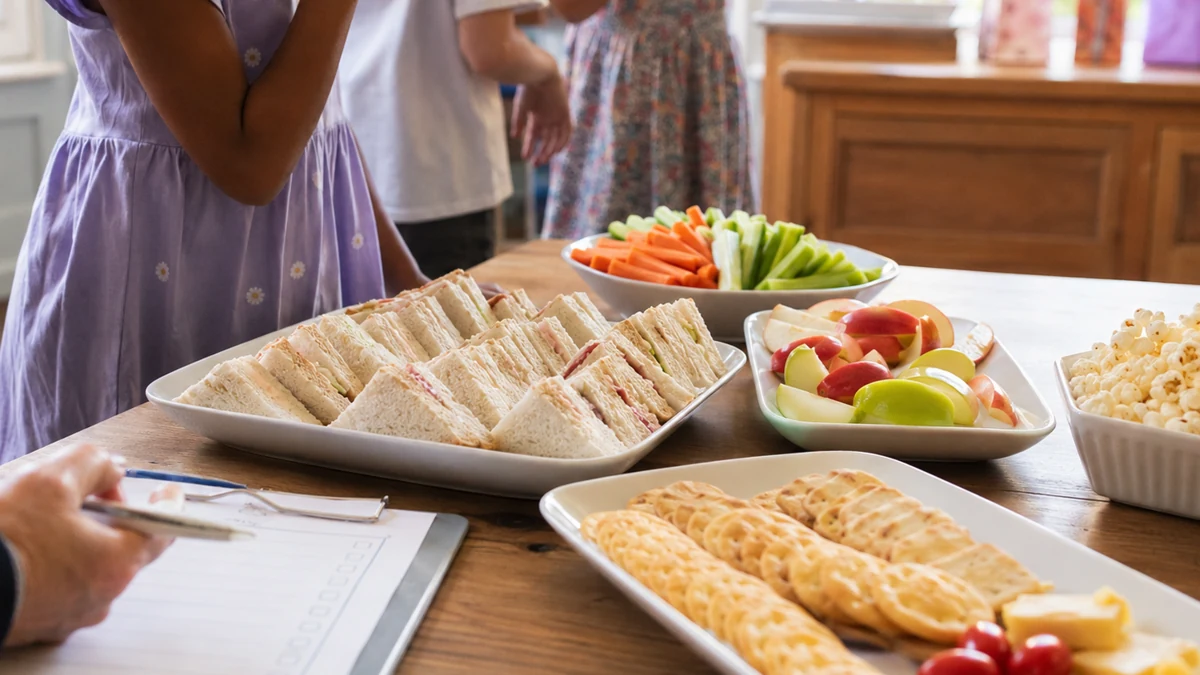 Raciones pequeñas de merienda infantil servidas en platos para calcular cantidades