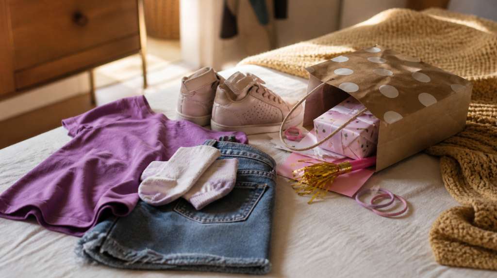 Ropa cómoda, calcetines, zapatillas y pequeño regalo preparados para una fiesta infantil