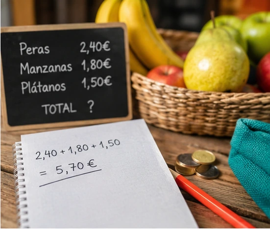 Cuaderno con una suma de precios junto a frutas, monedas y una pizarra de mercado