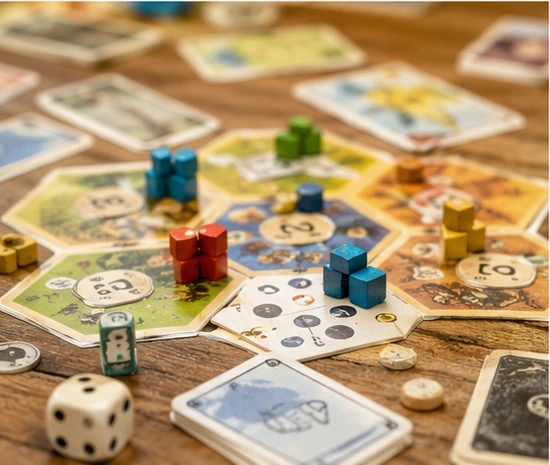 Tablero con cartas, dados y fichas para jugar y practicar estrategia y cálculo