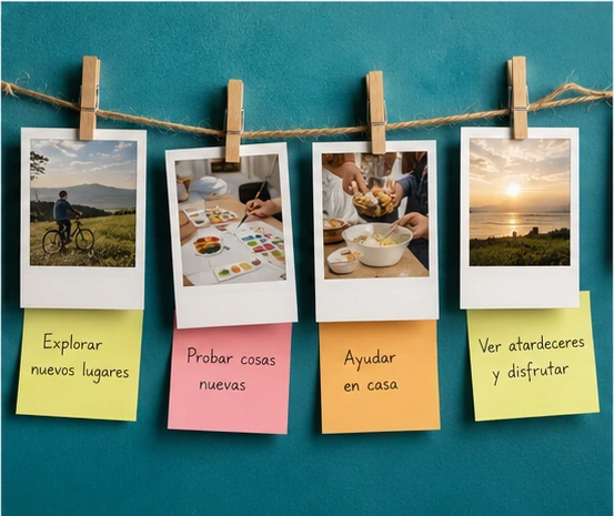 Fotografías de actividades de verano colgadas con notas sobre experiencias y aprendizajes