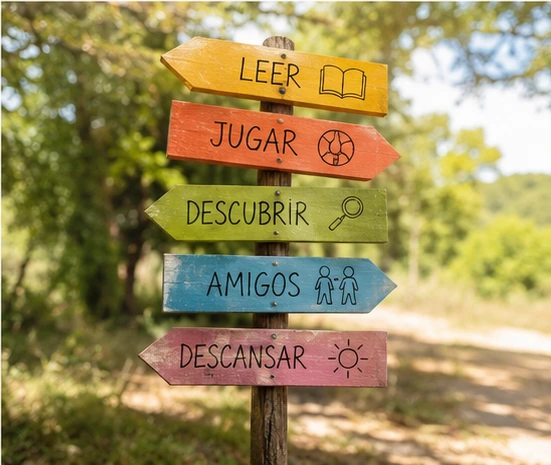Señales de madera que apuntan a leer, jugar, descubrir, hacer amigos y descansar