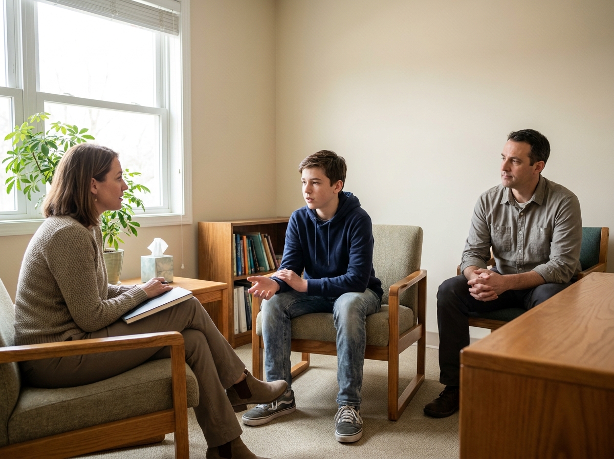 Adolescente hablando con una profesional en una consulta mientras su padre escucha desde un segundo plano.