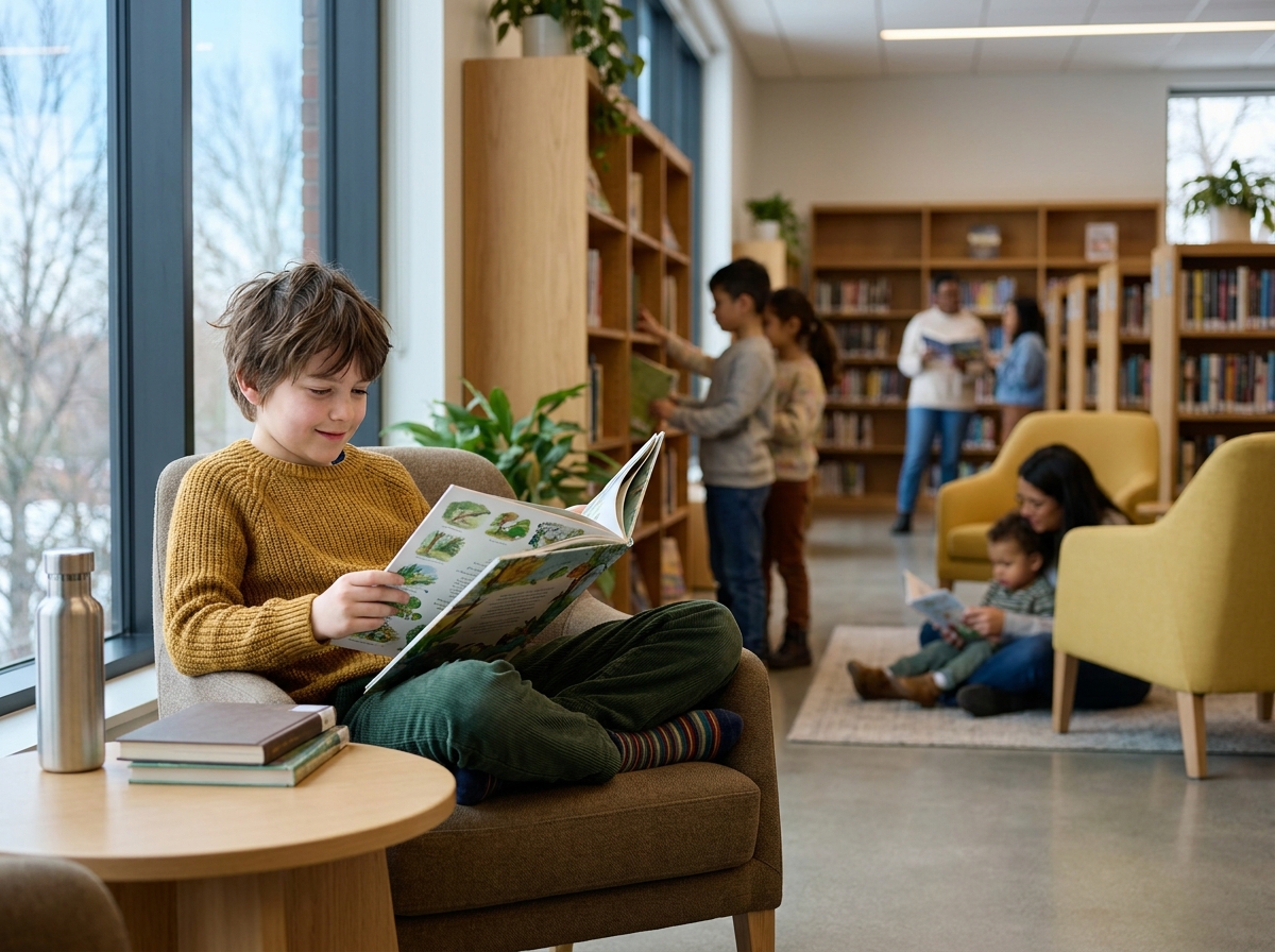 Niño leyendo tranquilamente solo junto a una ventana en una biblioteca con otras familias al fondo.