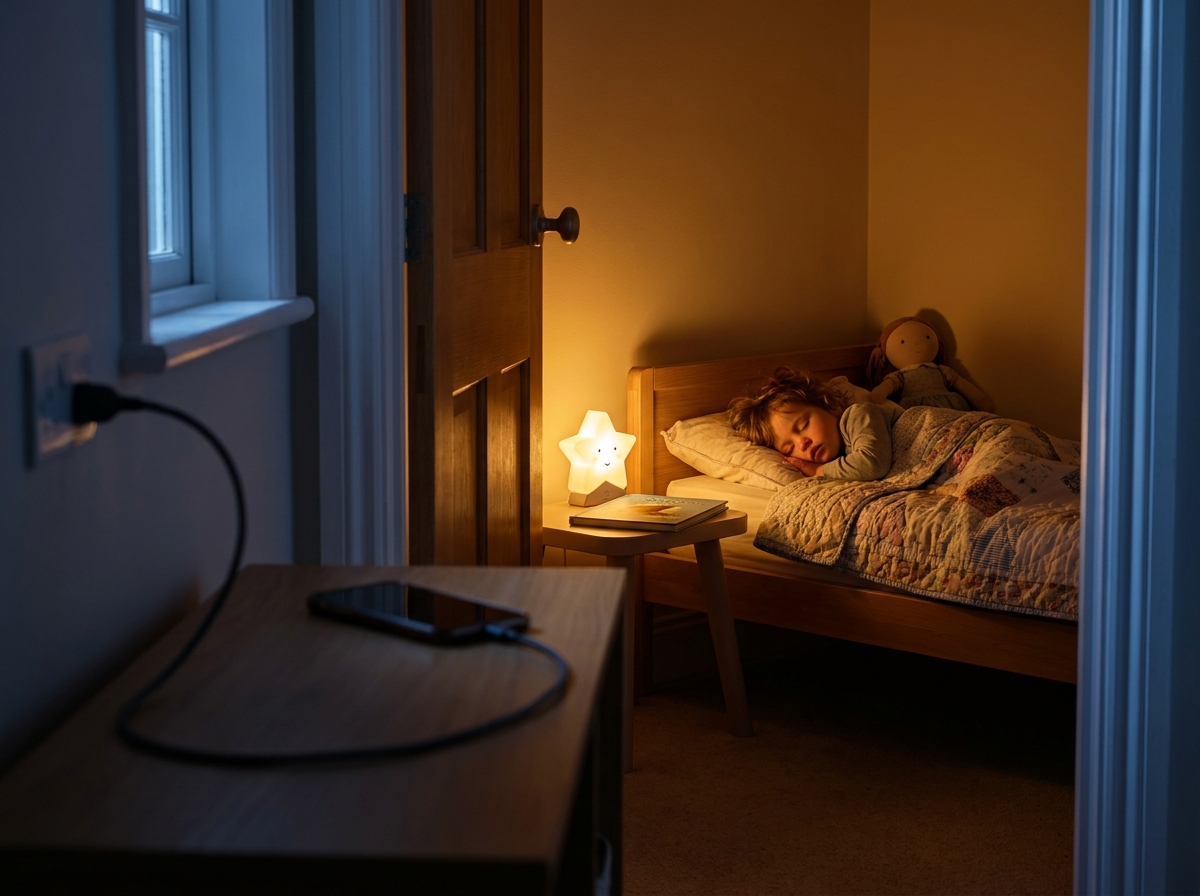 Niño duerme con un cuento junto a la cama mientras el teléfono se carga fuera del dormitorio