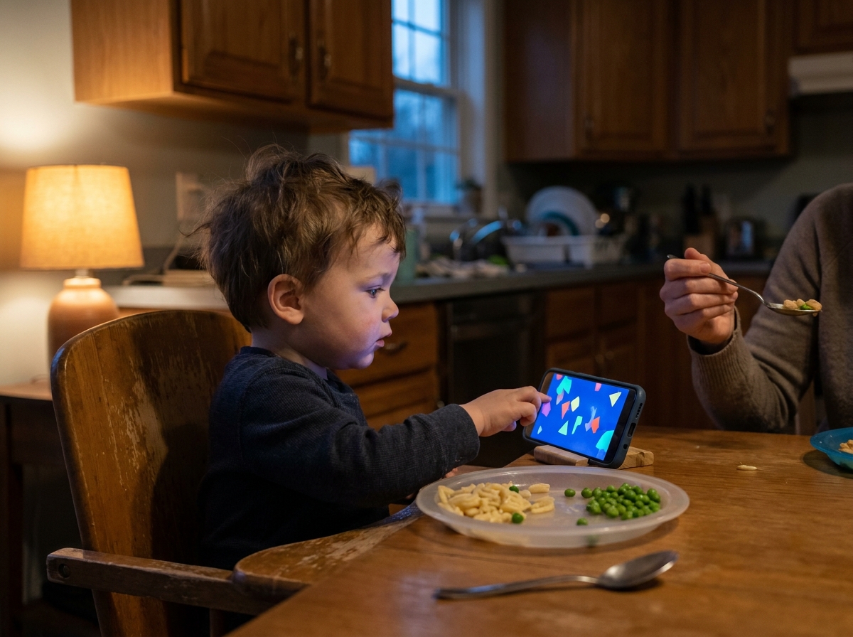 Niño sentado en una trona mira un teléfono mientras el plato de comida queda sin tocar