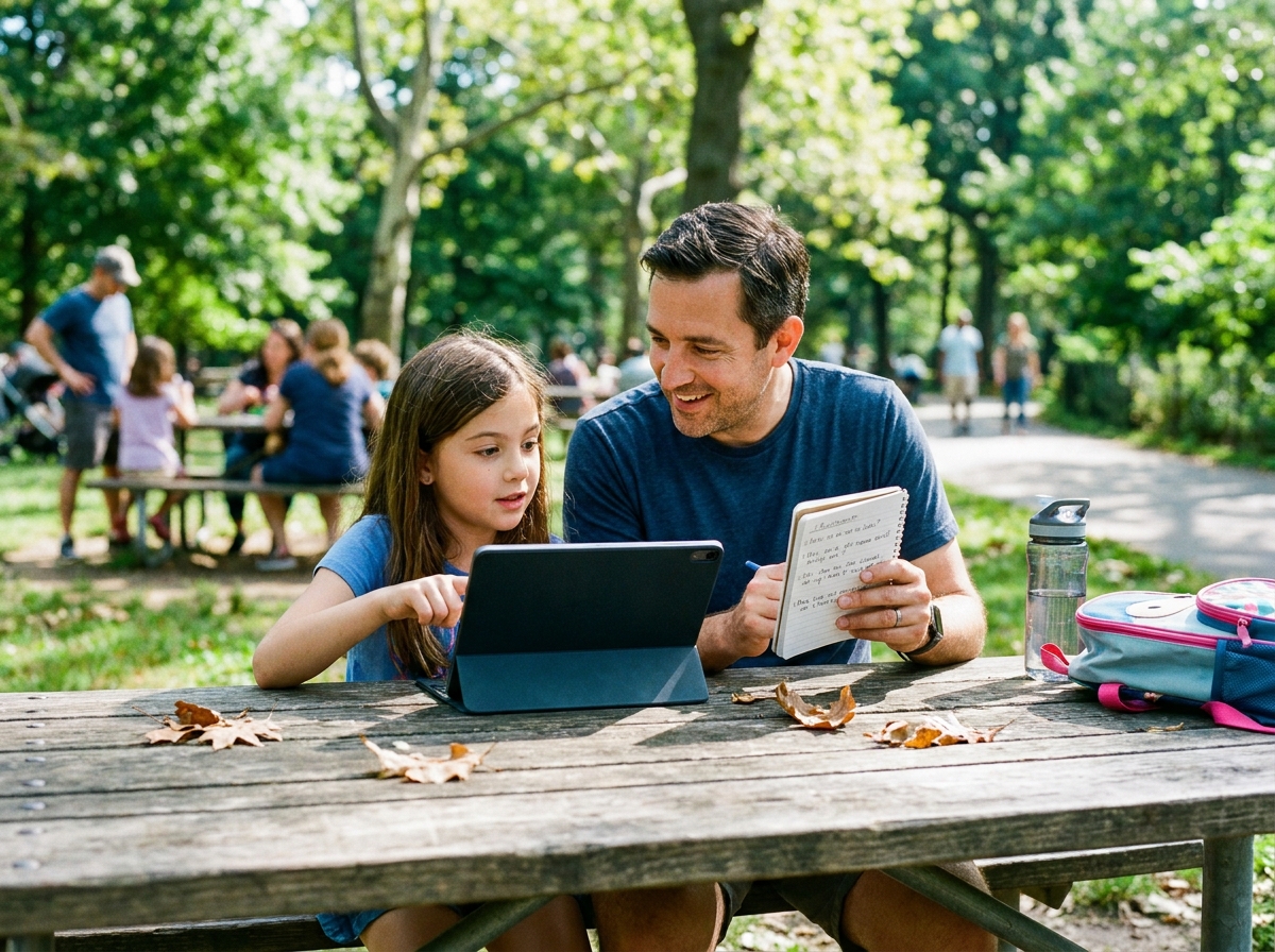 Padre y niña utilizando una tableta durante una actividad al aire libre.