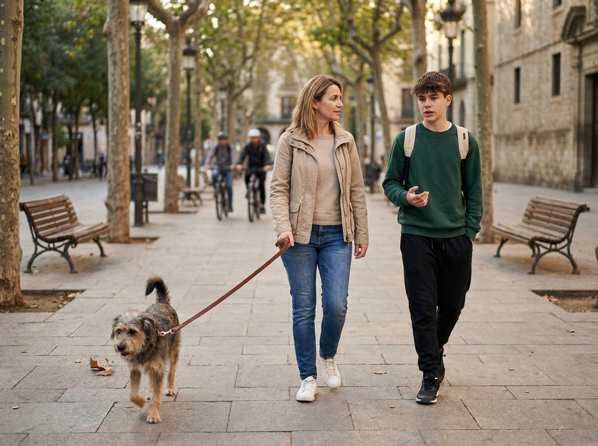 Madre y adolescente conversando mientras pasean juntos con un perro por un camino arbolado.