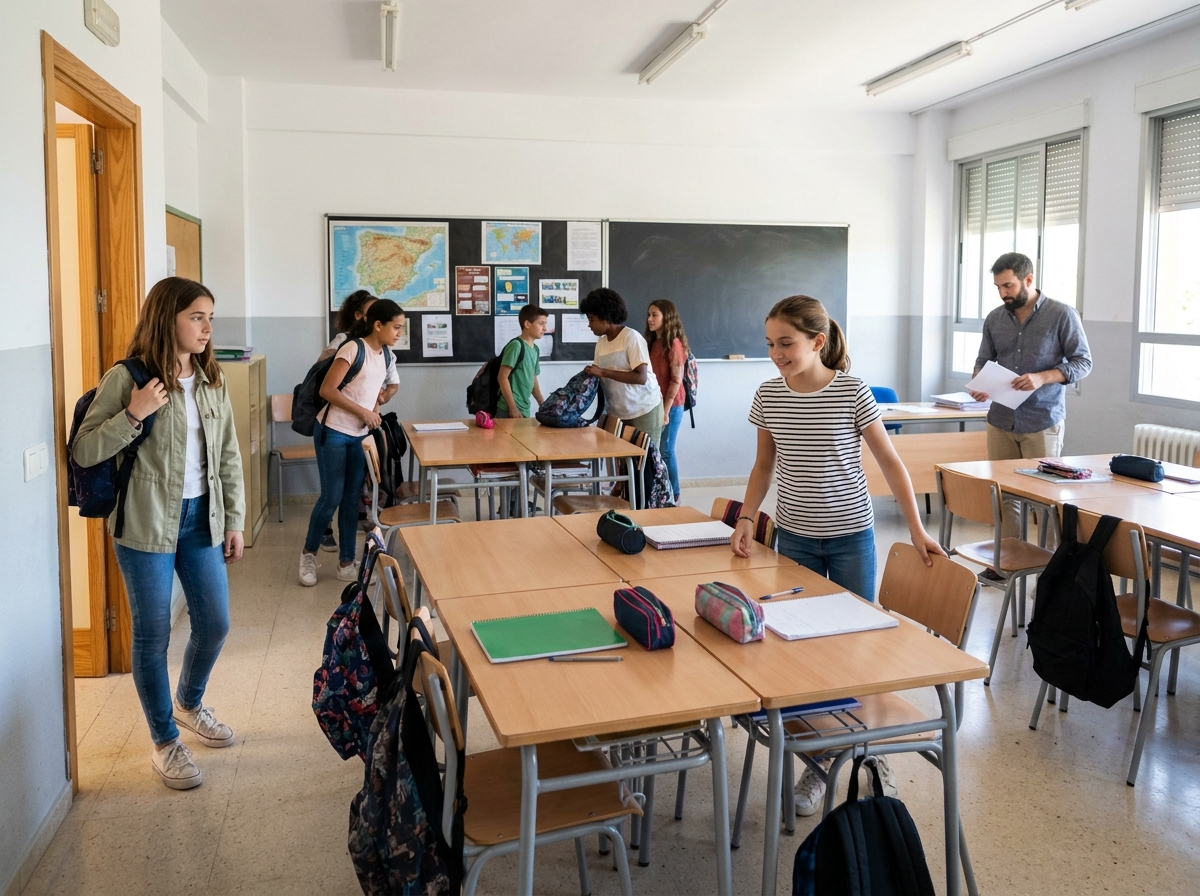 Alumna nueva entrando en un aula mientras una compañera le hace sitio en una mesa de trabajo.