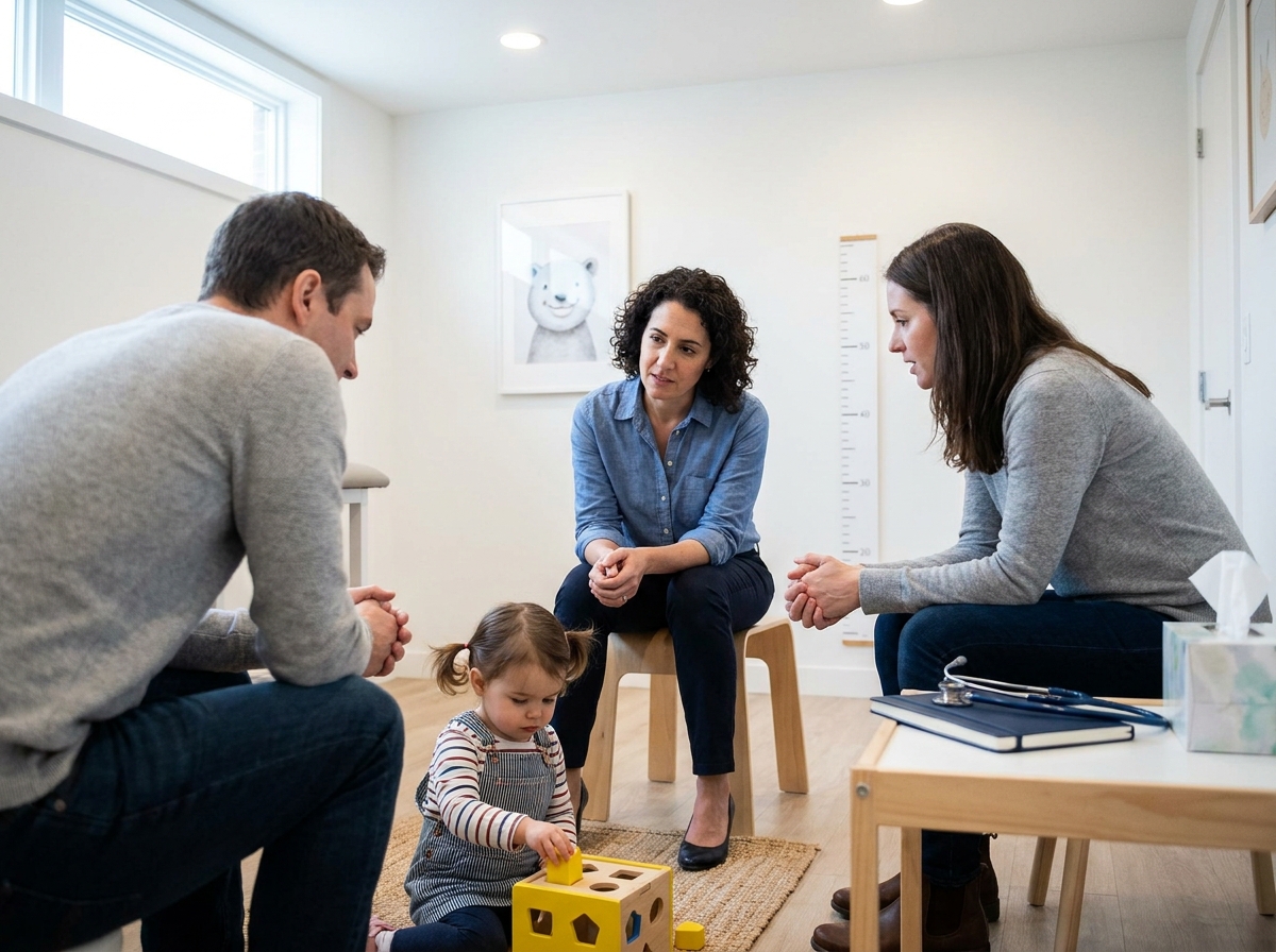 Pediatra conversa con un padre mientras observa a una niña jugando en la consulta