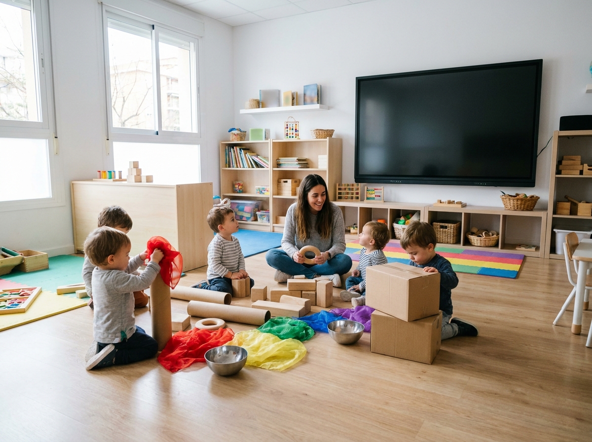 Educadora y varios niños juegan con materiales en el suelo mientras una pizarra digital permanece apagada al fondo