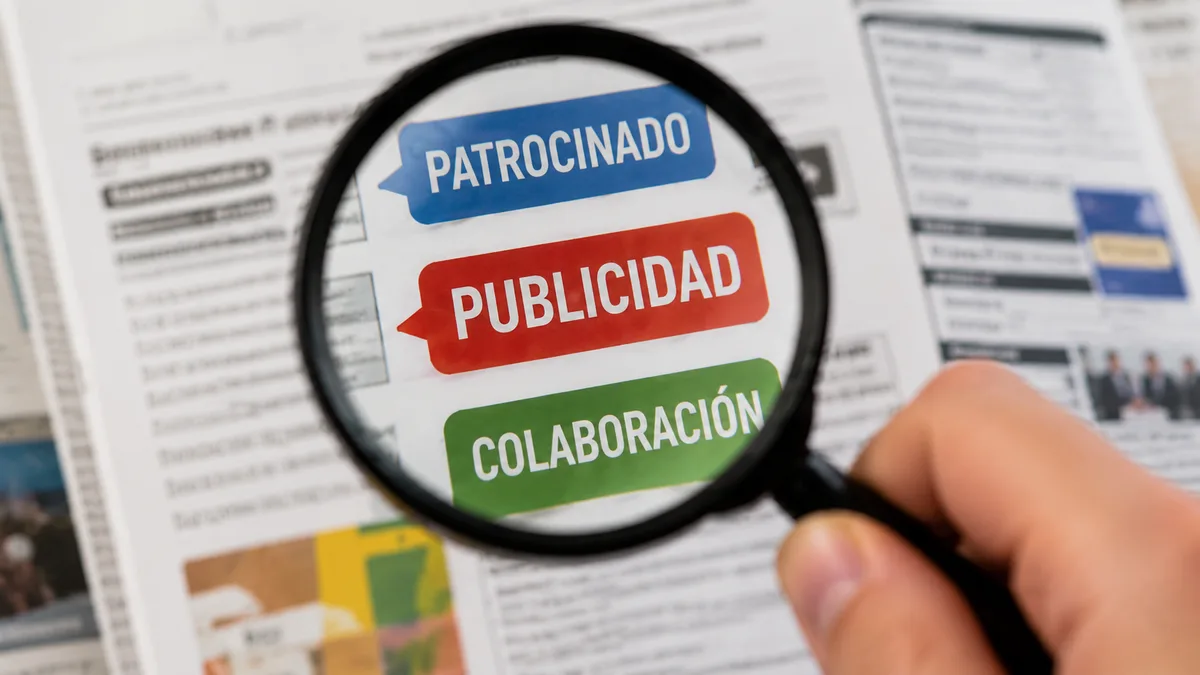 Lupa sobre las palabras patrocinado, publicidad y colaboración