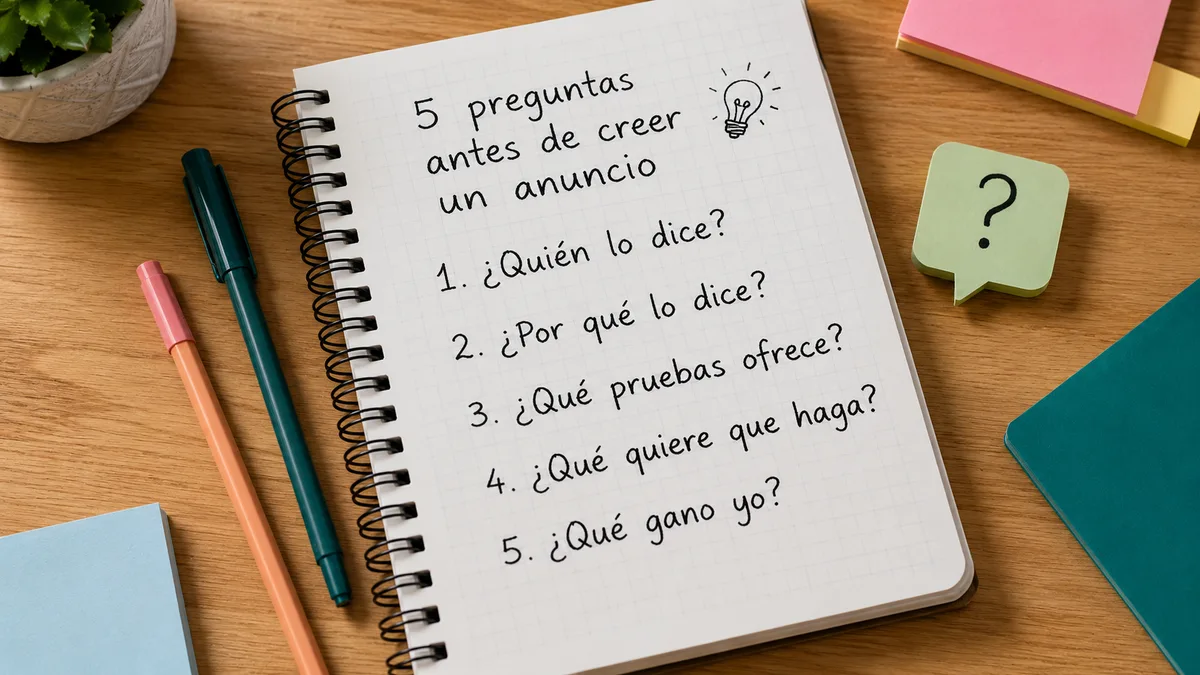 Cuaderno con cinco preguntas para analizar críticamente un anuncio