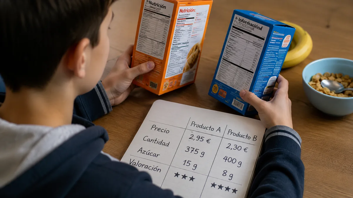 Niño comparando dos cajas de cereales y sus datos en una tabla