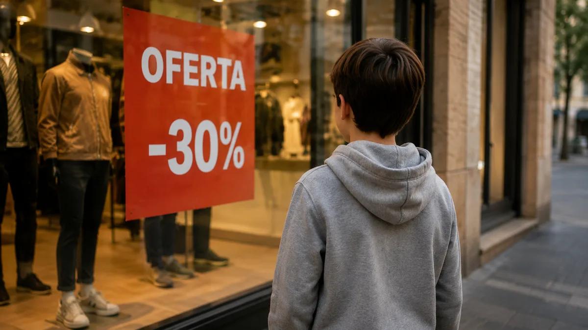 Niño observando un escaparate con un cartel de oferta del treinta por ciento