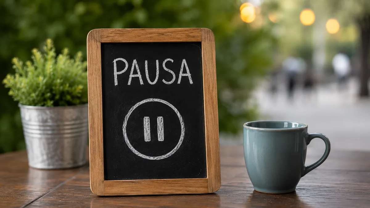 Pizarra con la palabra pausa y un símbolo de pausa junto a una taza