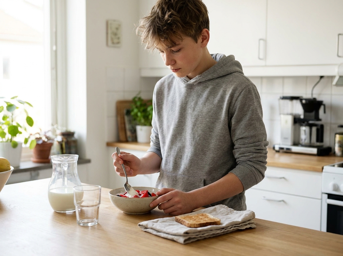 Adolescente prepara por sí mismo un desayuno sencillo en la cocina.