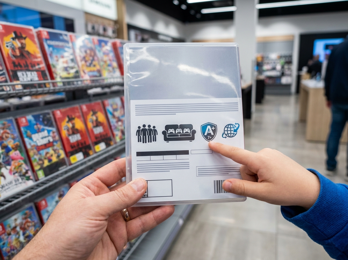 Adulto y niño comprobando los iconos de jugadores, modo local y edad de un videojuego.