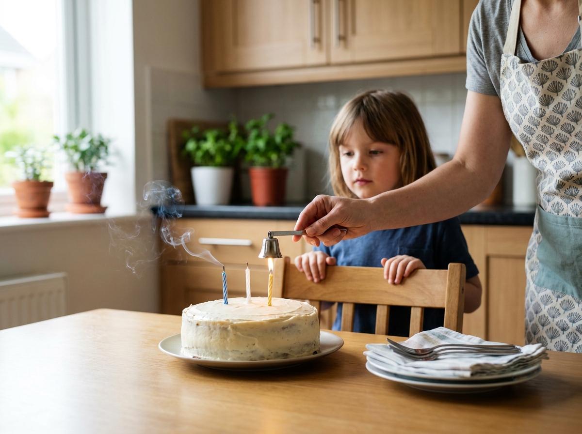 Adulto apagando con cuidado la última vela de una tarta mientras un niño permanece a su lado.