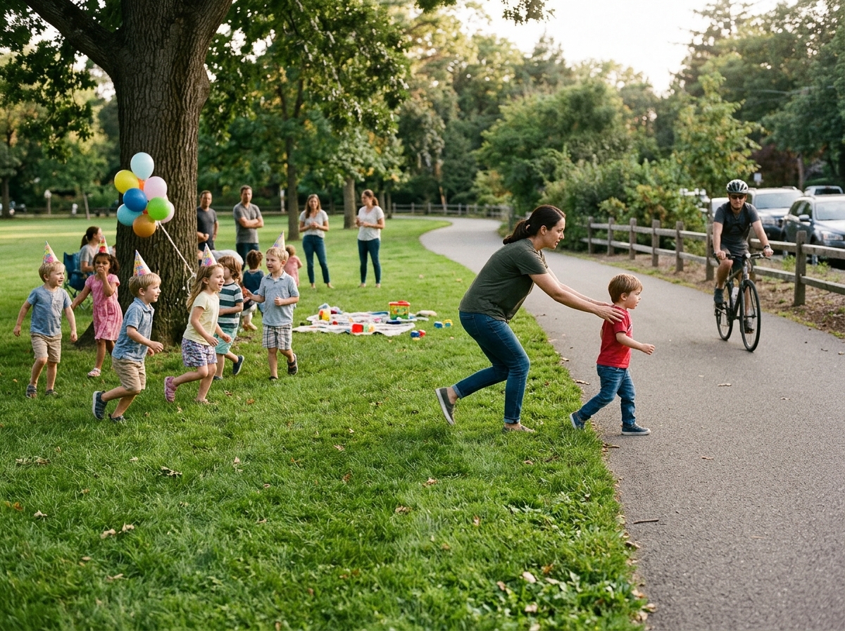 Un adulto reconduce a un niño que se acerca al límite de la zona de juego durante un cumpleaños en el parque.