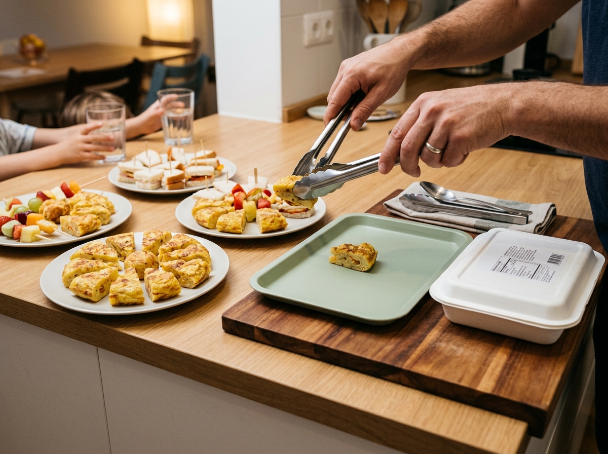 Preparación separada de una ración de comida para un niño con necesidades alimentarias durante una pijamada.