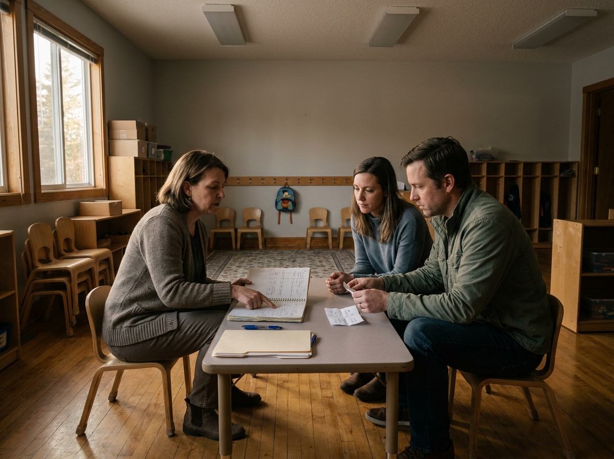 Familia y tutora hablando alrededor de una mesa para comparar cómo está viviendo el niño la adaptación escolar.