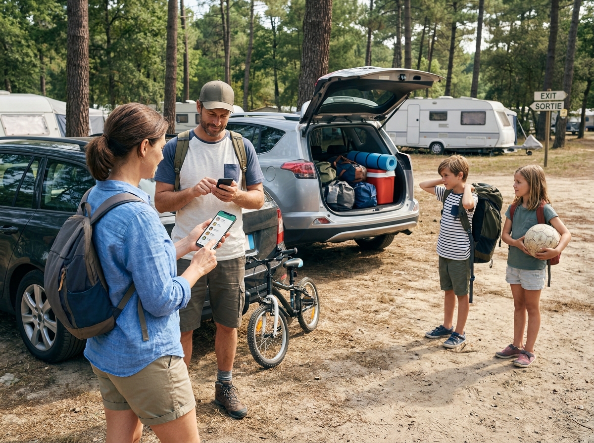 Dos familias intercambian el contacto antes de marcharse del camping mientras los niños terminan de recoger.