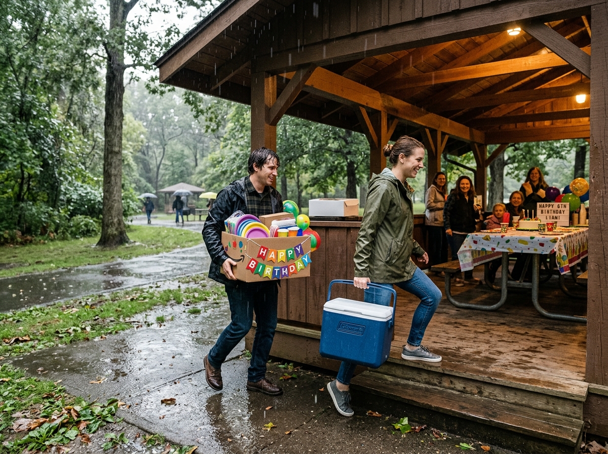 Dos adultos trasladan el material de un cumpleaños a una zona cubierta del parque cuando empieza a llover.