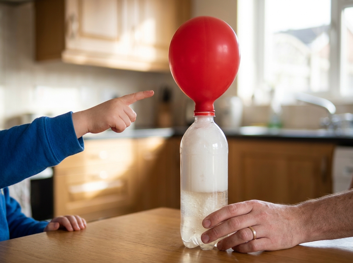 Un globo se infla sobre una botella mientras bicarbonato y vinagre producen burbujas de dióxido de carbono.