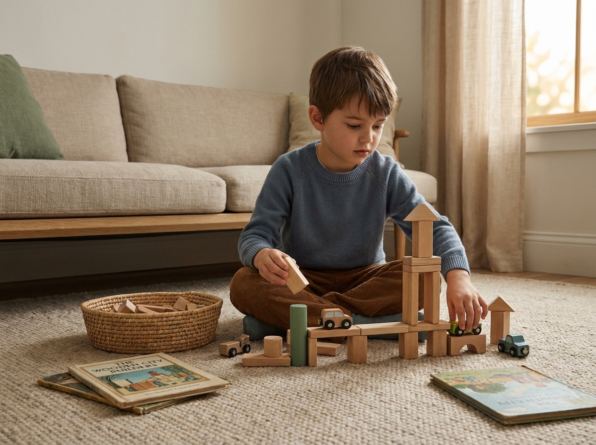 Niño construye con bloques en el suelo durante una tarde tranquila en casa.