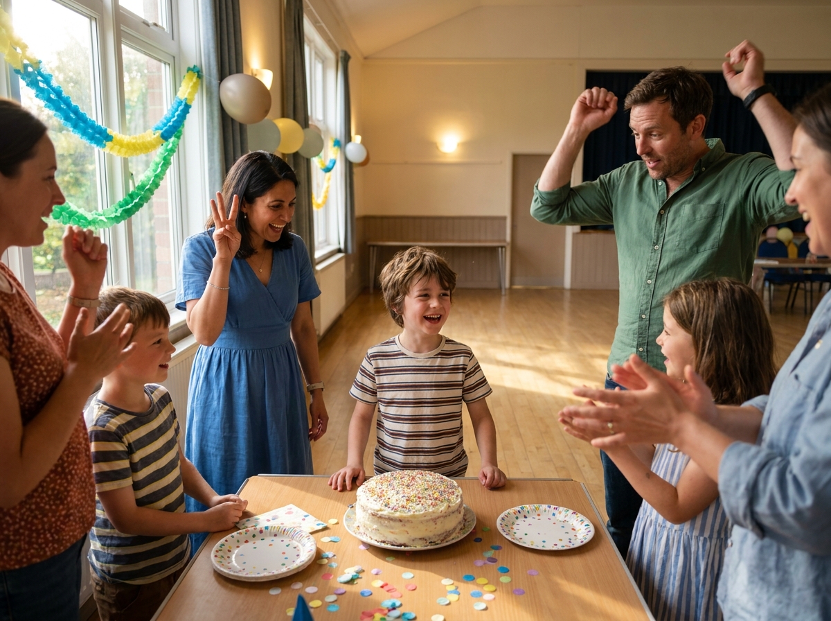 Niños y adultos haciendo una cuenta atrás alrededor de una tarta de cumpleaños.