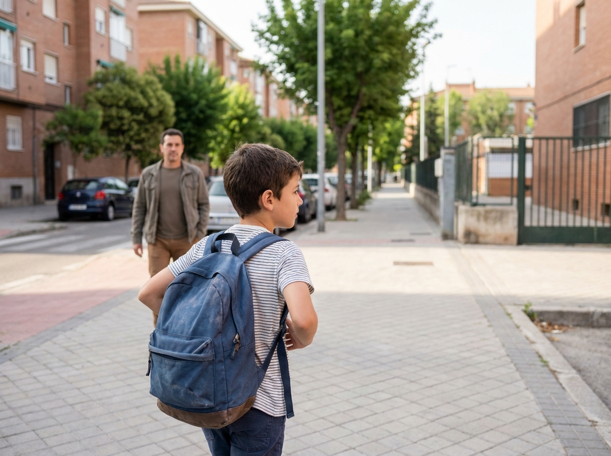 Niño caminando por delante y eligiendo el recorrido mientras un adulto le sigue a varios pasos.