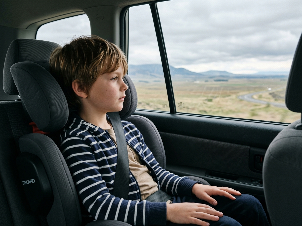 Niño sentado y abrochado mira al horizonte por la ventanilla durante el viaje.