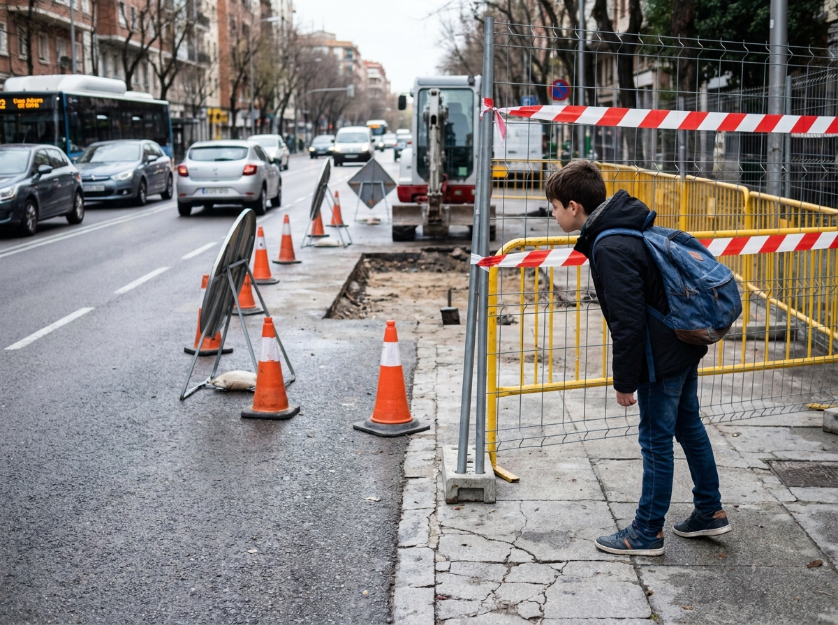 Niño con mochila detenido ante unas obras que cortan su acera mientras observa la situación antes de decidir qué hacer.