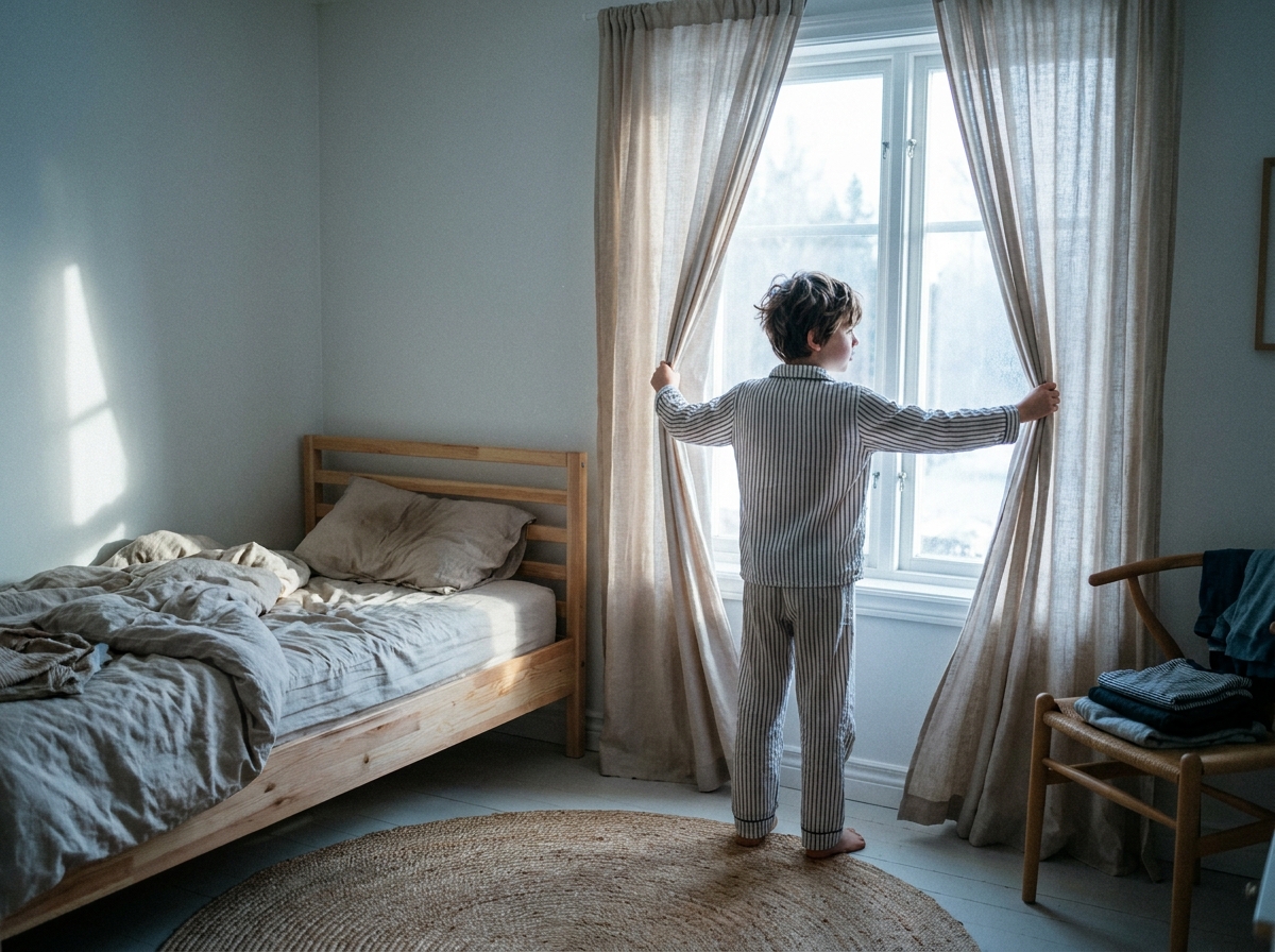 Niño abriendo las cortinas al levantarse para recibir luz natural por la mañana.