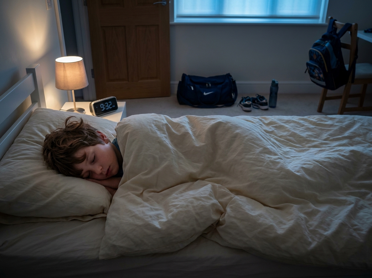 Niño dormido en su habitación con una bolsa deportiva preparada junto a la puerta.