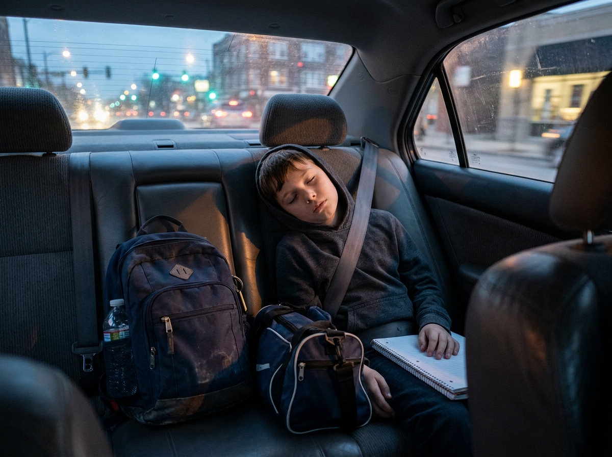 Niño dormido en el coche durante el regreso a casa junto a su mochila y bolsa deportiva.