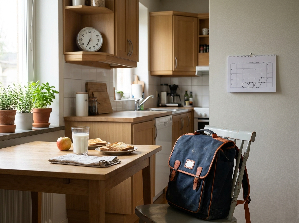Cocina preparada temprano con desayuno y mochila a tres días de la vuelta al colegio.