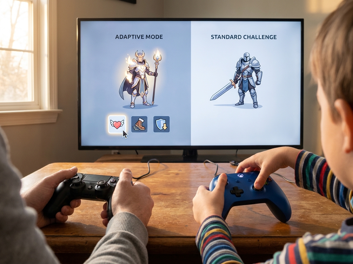 Niño seleccionando opciones de ayuda en un videojuego mientras un adulto espera con su propio mando.