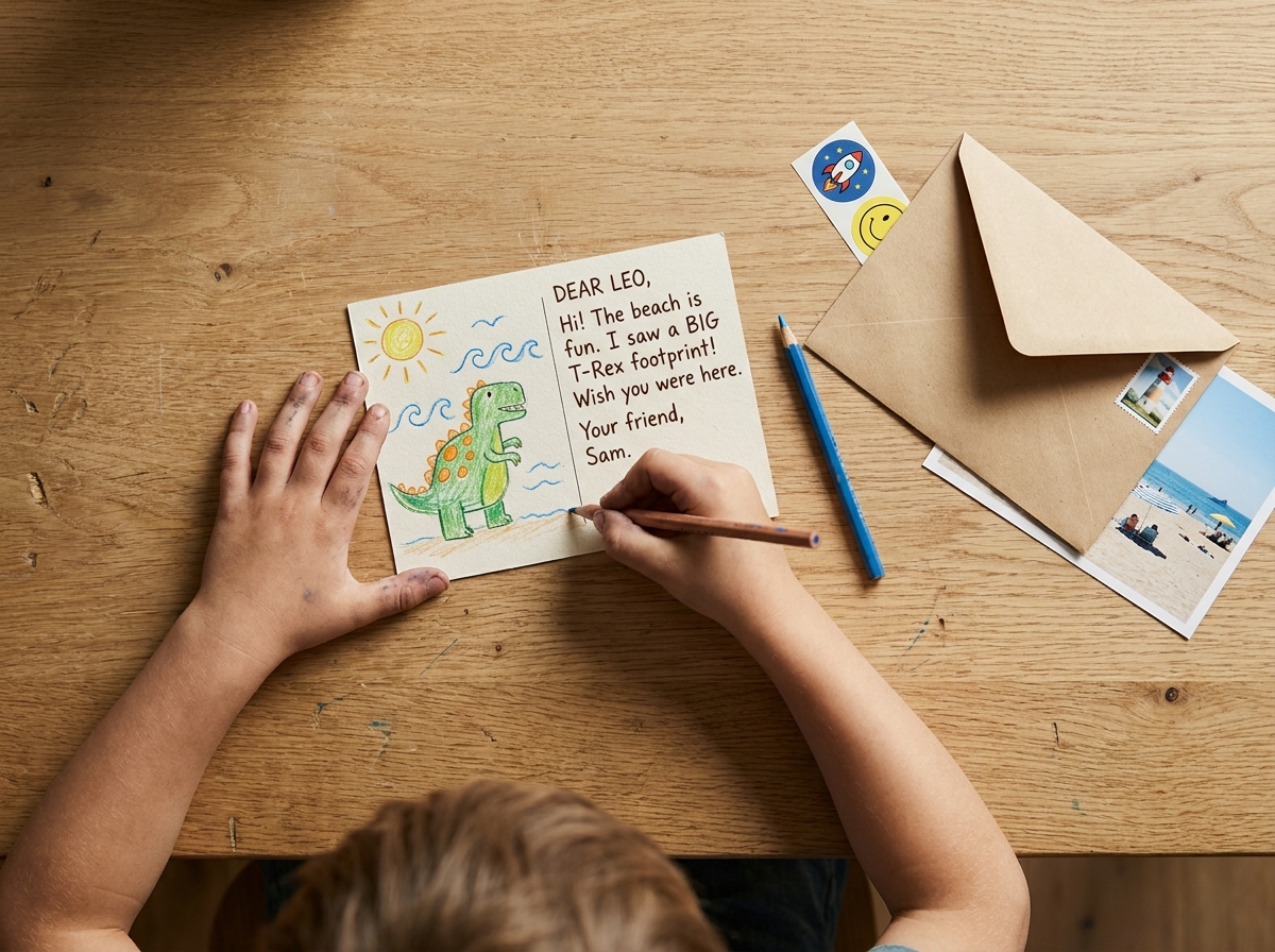 Manos de un niño preparando una postal con un dibujo, un sobre y un sello para enviársela a un amigo.