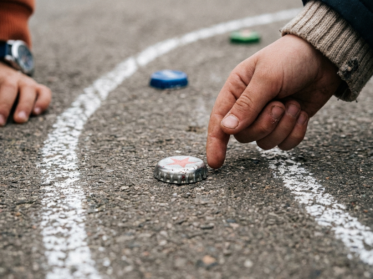 Mano impulsando una chapa por un circuito dibujado con tiza en el suelo.