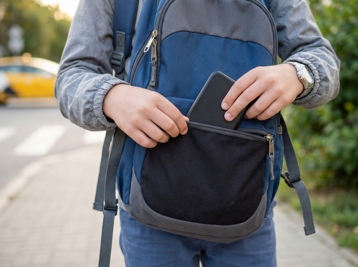 Manos de un niño guardando el móvil en la mochila antes de continuar andando hacia el colegio.