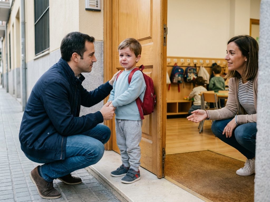 Niño de tres años despidiéndose de su padre en la entrada del colegio mientras una educadora le espera dentro del aula.