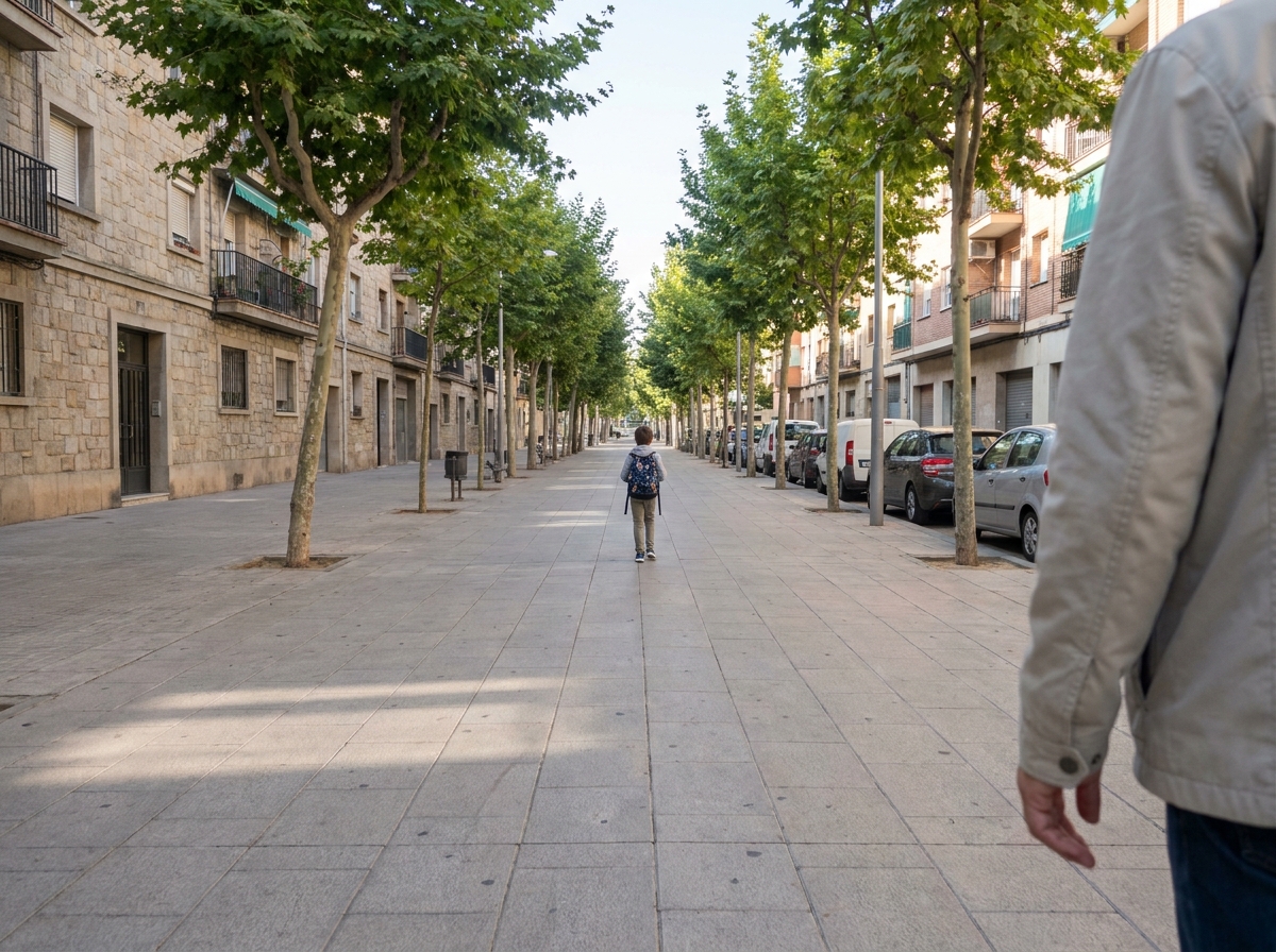 Niño caminando varios metros por delante de un adulto en una acera amplia durante un ensayo de autonomía.
